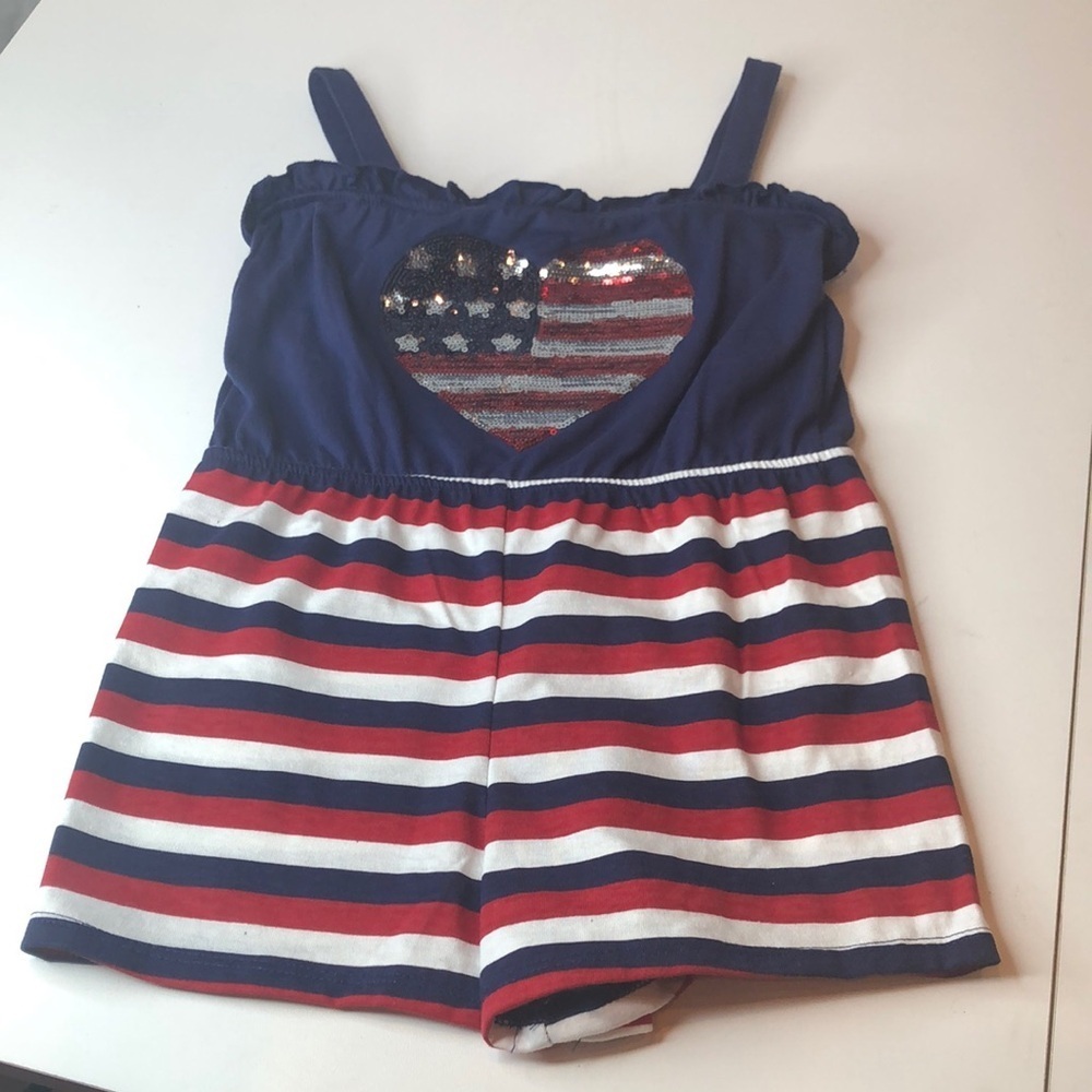 Red White Blue July 4 Striped Romper Sequin USA Flag Heart Design Girl’s 6 NWOT